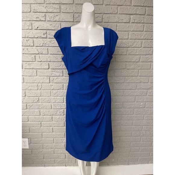Tahari ASL Women Blue Square Neckline Front  Ruched Sheath Dress Size 10 - Picture 1 of 10